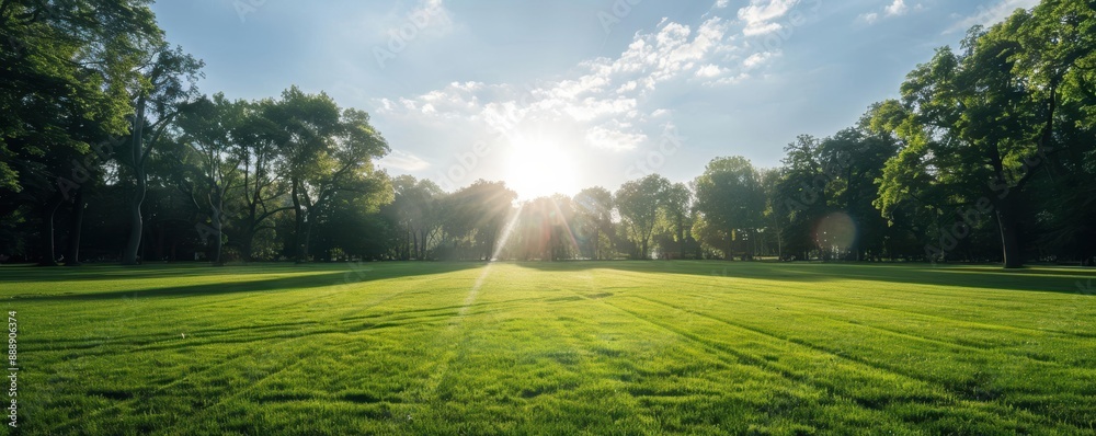 Obraz premium Sunny day in a park with green grass and trees