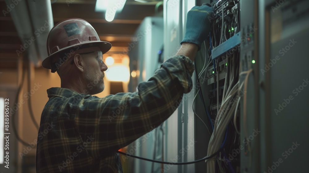 Electrician performing detailed wiring work in a residential setting, showcasing expertise and precision. Electrician performing detailed wiring work in a residential setting, showcasing expertise and precision.