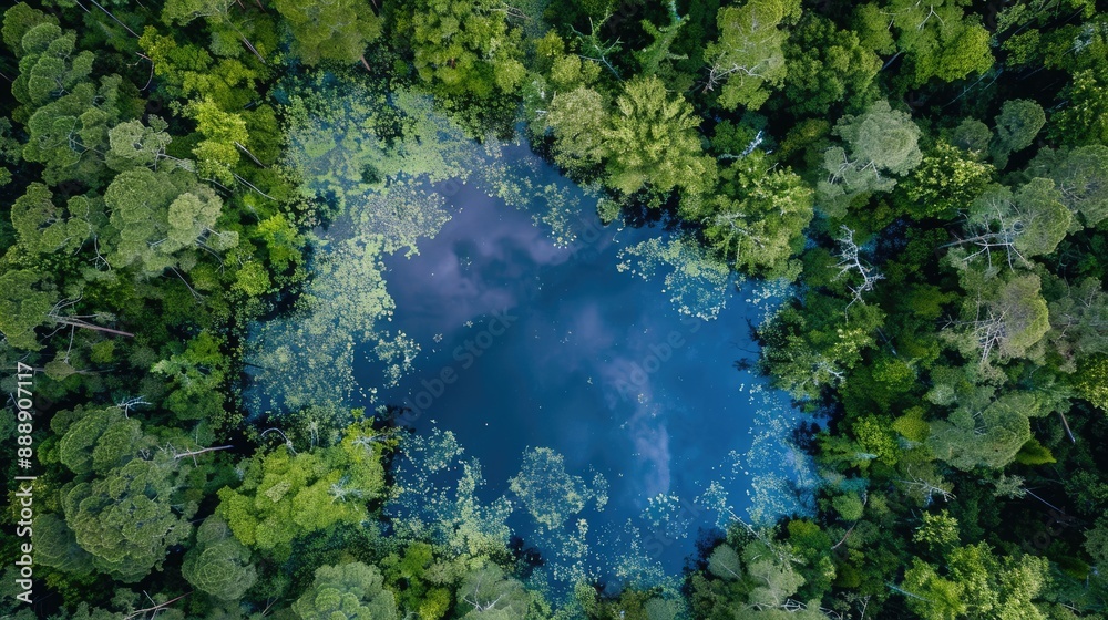 Aerial View of a Small Pond Surrounded by Lush Green Trees Aerial View of a Small Pond Surrounded by Lush Green Trees