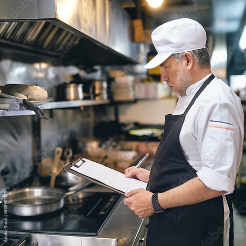 Health inspector with a clipboard in a restaurant kitchen, emphasizing hygiene and compliance.