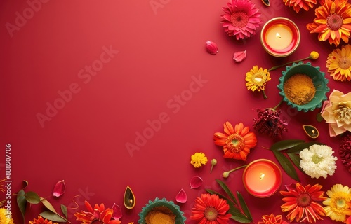 Traditional Indian floral garland toran made of marigold flowers and mango leaves on bright red background. Happy Diwali festival, Pongal or Gudi Padwa. Decoration for Indian hindu holidays, wedding