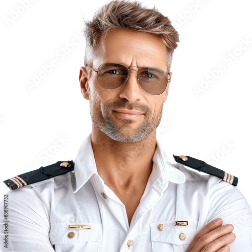 Pilot with aviator glasses, aviation professional, isolated on white background photo