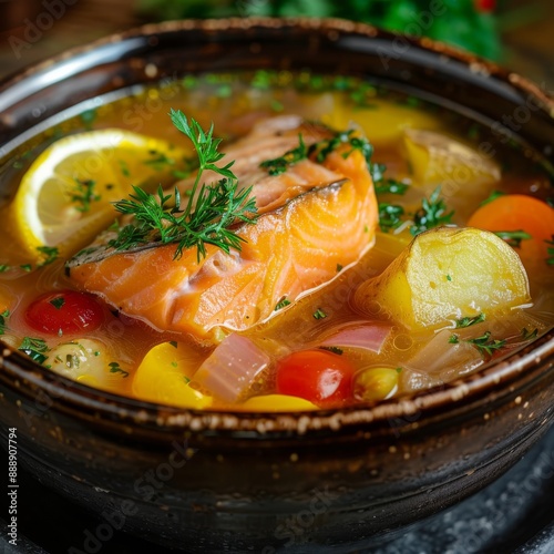 Fish Soup, Bouillabaisse, Cullen Skink, Ukha or Solyanka with Salmon, Trout or Tuna Fillet, Fish Broth photo