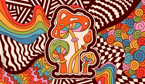 Coloring page with Psychedelic mushrooms and fly agaric.
