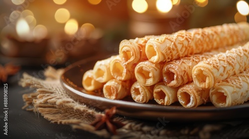 Stack of crispy waffle rolls on a plate with a festive background.