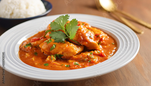 A detailed image of Ayam Masak Merah, chicken cooked in a rich, spicy tomato sauce, garnished with herbs. photo