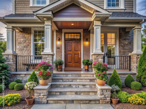 Cozy suburban home exterior featuring a warm and inviting front door with ornate details, potted plants, and a welcoming porch with natural stone steps.