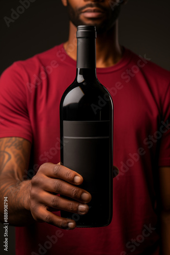 Hand presenting a bottle of wine with a sleek, dark design.
 photo