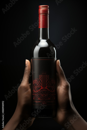 Hand presenting a bottle of wine with a sleek, dark design.
 photo