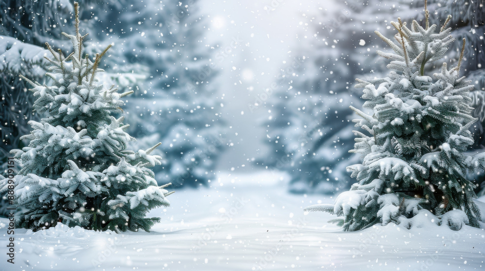 Snow-covered pine trees creating a winter wonderland scene Snow-covered pine trees creating a winter wonderland scene