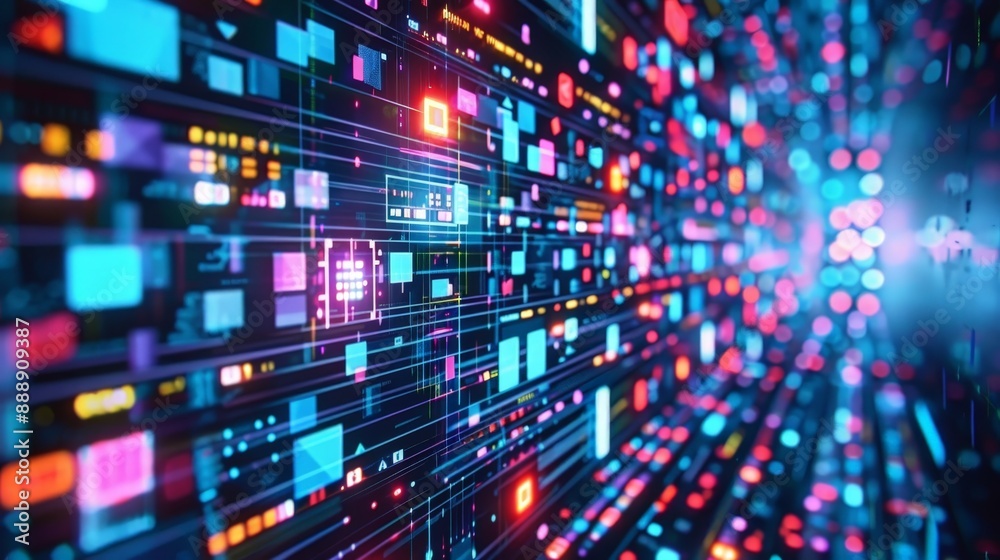 A high-resolution, 4K image depicting a computer screen filled with dynamic, colorful squares. A high-resolution, 4K image depicting a computer screen filled with dynamic, colorful squares.