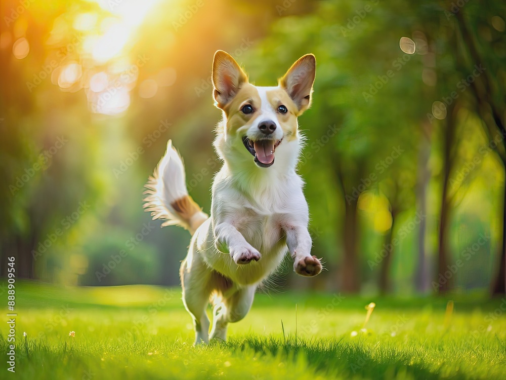 Joyful pet dog leaps and twirls on vibrant green grass lawn, tail wagging, ears flapping, on a sunny summer day in full length portrait.