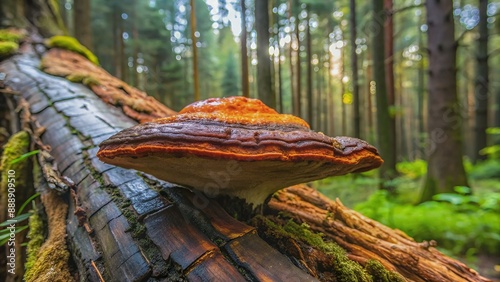 Wood mushroom chaga Tinder beveled or Inonotus beveled (Inonotus obliquus on a fallen tree in the forest photo