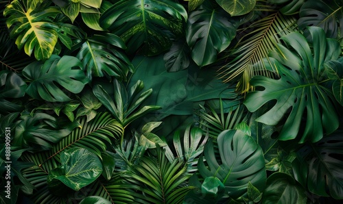 a jungle background with a border made of vibrant tropical leaves, creating a lush and exotic backdrop with ample copy space for text or graphics.