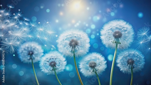 Delicate white dandelion flowers floating against a bright blue background, creating a serene and peaceful atmosphere, symbolizing hope, freedom, and the beauty of nature.