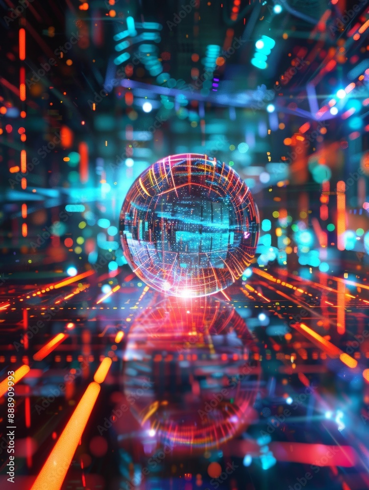 Obraz premium A glowing digital sphere displayed on a futuristic surface adorned with holographic graphics, illustrating advanced technology and digital innovation.