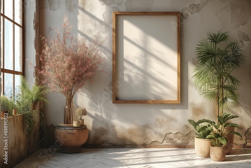 Tranquil corner with bamboo frame, plants, and rustic decor. 