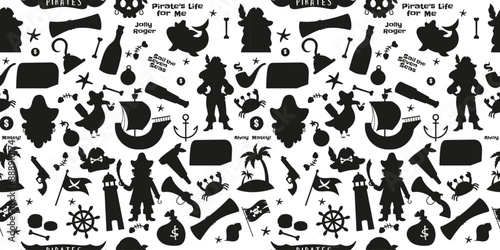 Pirate silhouette elements seamless pattern in flat