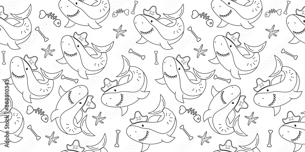 Naklejka premium Shark outline pirate character seamless pattern in flat design