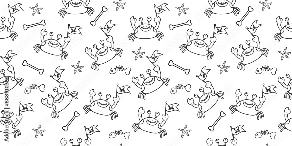 Crab outline pirate character seamless pattern in flat design Crab outline pirate character seamless pattern in flat design