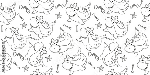 Shark outline pirate character seamless pattern in flat design