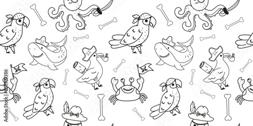 Seamless pattern outline characters pirate octopus parrot shark crab skull