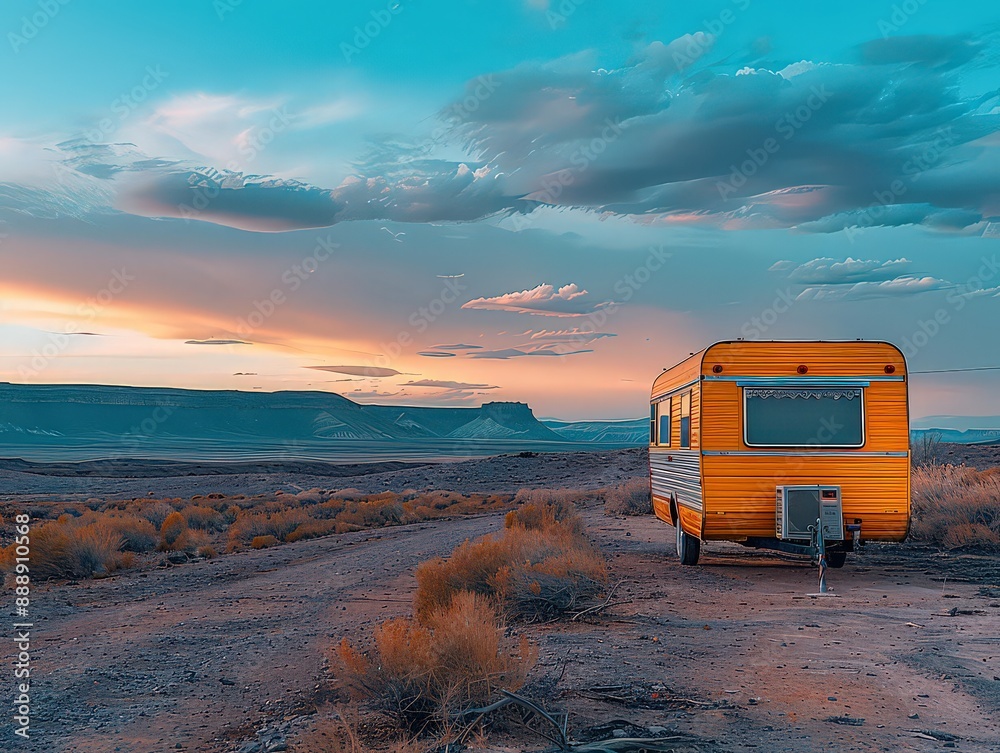 Nostalgic mobile home set against a backdrop of a sprawling desert and a beautifully clouded sky Nostalgic mobile home set against a backdrop of a sprawling desert and a beautifully clouded sky