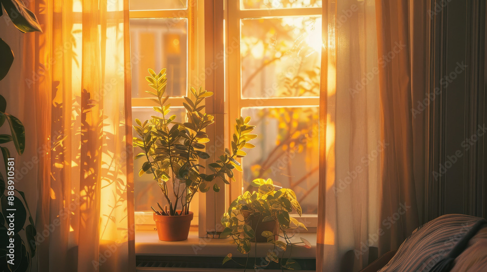 Warm evening sunlight streaming through a window, casting a cozy glow inside