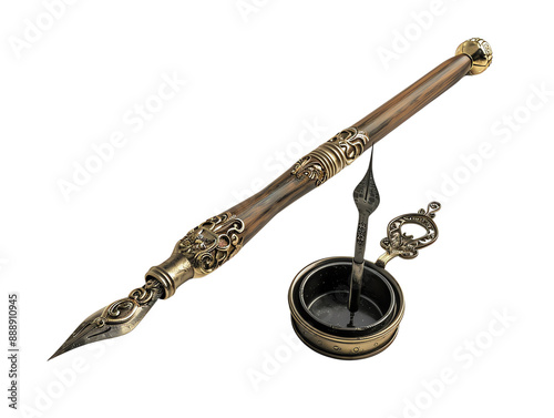 Vintage calligraphy pen with ornate design and ink pot isolated on white background, perfect for artistic and stationery themes.