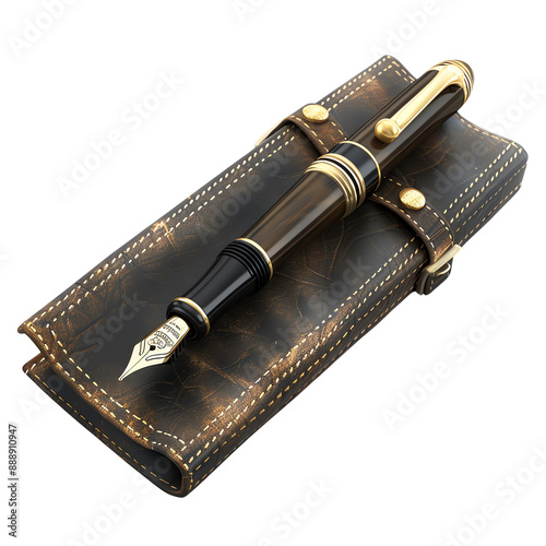 Vintage fountain pen with luxurious leather case on white background, ideal for writing, office, and stationery themes.