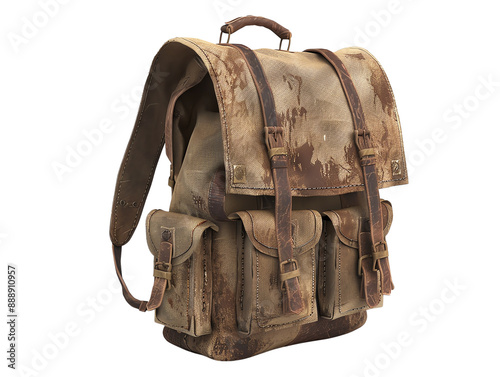 Vintage canvas backpack in distressed brown leather with multiple pockets, perfect for outdoor adventures and everyday carry.