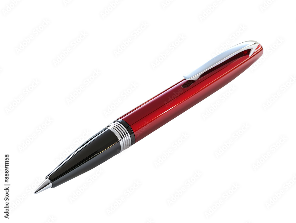 A sleek red ballpoint pen with silver accents, perfect for writing and office use. Isolated on a white background.