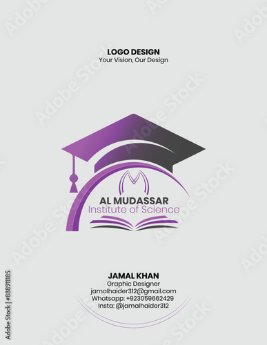 Al Mudassar Institute of Science featuring a graduation cap and book logo. Amazing and eye-catching logo for academic institute.
