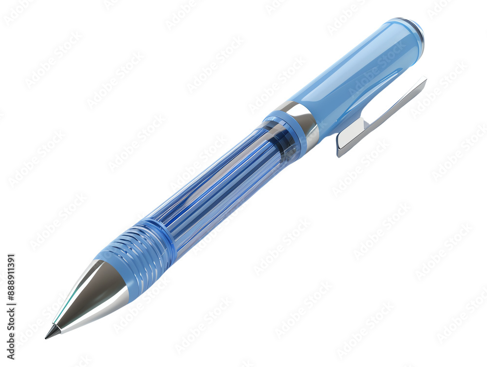 Close-up of a blue ballpoint pen with a silver clip and transparent body isolated on a white background, perfect for office or school use. Close-up of a blue ballpoint pen with a silver clip and transparent body isolated on a white background, perfect for office or school use.