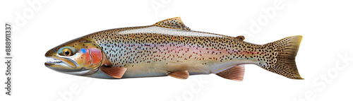Close-up image of a colorful rainbow trout isolated on a white background, displaying its vivid scales and distinctive features.