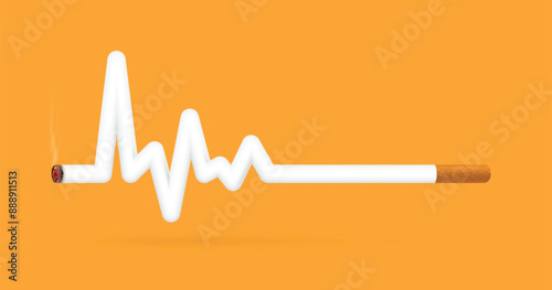 Heart rate curve or Heart pulse line that looks like a cigarette. Showing the dangers of smoking, which can cause death from lung cancer, vector 3d isolated on yellow background for design