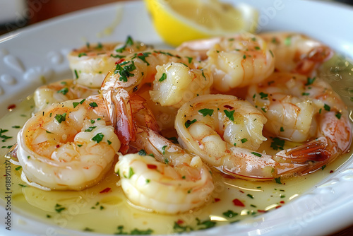 A plate of shrimp scampi with garlic butter sauce 17 1 baking, baking cup, cake, color, cuisine, cupcake, dessert, food, fruit, furniture, high-key, on1 keyword ai, orange, table, vivid, white, giga,