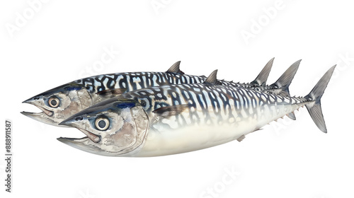 Close-up of two fresh mackerel fish with distinctive markings, ideal for culinary and seafood-themed projects.