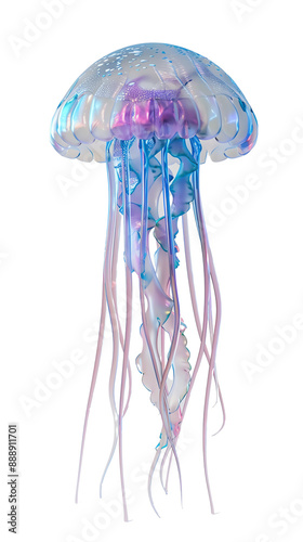 Colorful and translucent jellyfish with long tentacles, showcasing beautiful iridescent colors against a white background.
