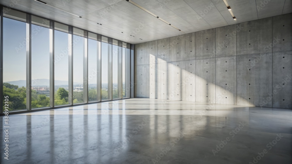 Sleek modern ambiance with vast concrete wall and floor, illuminated by soft natural light streaming through large window opening. Sleek modern ambiance with vast concrete wall and floor, illuminated by soft natural light streaming through large window opening.