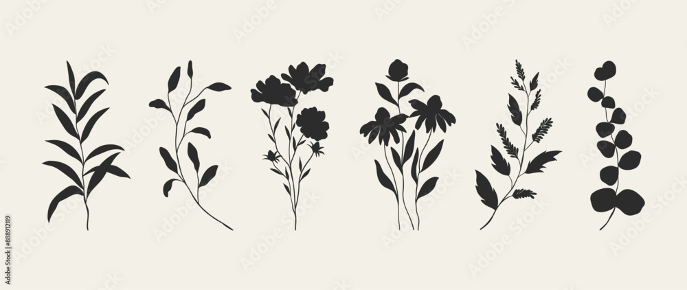 Collection of botanical silhouette element vector. Set of tropical plant, wildflower, rose, daisy, sunflower, eucalyptus leaves. Hand drawn of botanical for decor, website, graphic, decorative. Collection of botanical silhouette element vector. Set of tropical plant, wildflower, rose, daisy, sunflower, eucalyptus leaves. Hand drawn of botanical for decor, website, graphic, decorative.