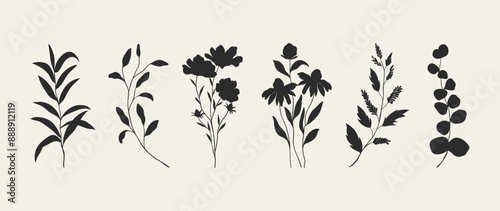 Collection of botanical silhouette element vector. Set of tropical plant, wildflower, rose, daisy, sunflower, eucalyptus leaves. Hand drawn of botanical for decor, website, graphic, decorative.