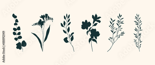 Collection of botanical silhouette element vector. Set of tropical plant, wildflower, rose, lily flower, eucalyptus leaves. Hand drawn of botanical for decor, website, graphic, decorative.