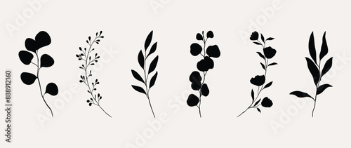 Collection of botanical silhouette element vector. Set of tropical plant, wildflower, rose flower, eucalyptus leaves. Hand drawn of botanical for decor, website, graphic, decorative.