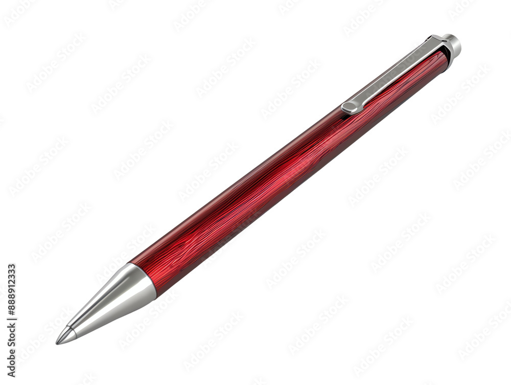 Elegant red ballpoint pen with sleek silver accents, perfect for writing and office use. Elegant red ballpoint pen with sleek silver accents, perfect for writing and office use.