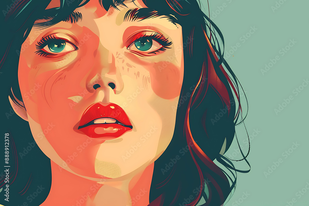 Flat art illustration of a girl's face, featuring simple lines and vibrant colors, capturing modern and minimalist design elements Flat art illustration of a girl's face, featuring simple lines and vibrant colors, capturing modern and minimalist design elements