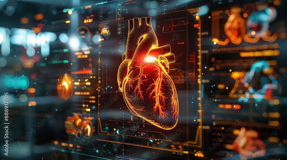 high-tech medical display showcasing a detailed holographic image of a human heart, surrounded by digital data and analytics, representing advanced healthcare technology and diagnostics high-tech medical display showcasing a detailed holographic image of a human heart, surrounded by digital data and analytics, representing advanced healthcare technology and diagnostics