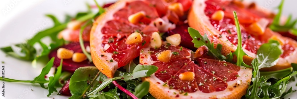 Grapefruit, Pine Nuts, Salad with Arugula Garnish, Beets. Fruits, Nuts and Vegetables Salat Isolated Grapefruit, Pine Nuts, Salad with Arugula Garnish, Beets. Fruits, Nuts and Vegetables Salat Isolated