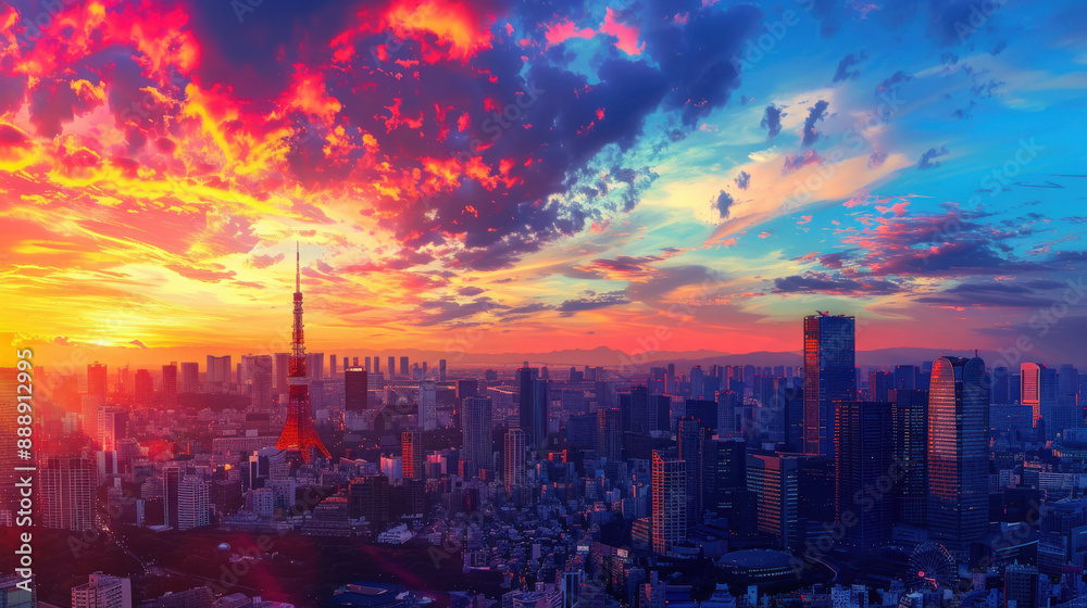 Fototapeta premium A breathtaking sunset over Tokyo, with skyscrapers silhouetted against a colorful sky.