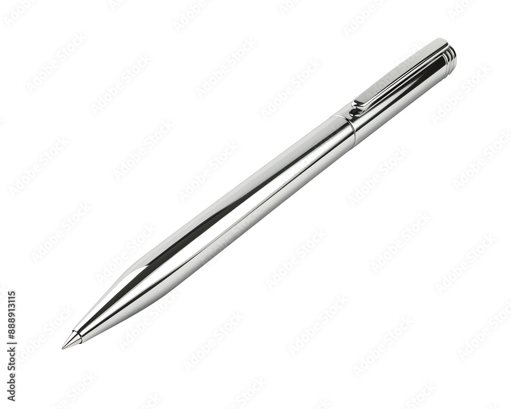 Sleek silver ballpoint pen isolated on a white background. Perfect for business and writing related images. Sleek silver ballpoint pen isolated on a white background. Perfect for business and writing related images.